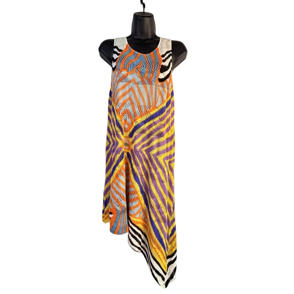 Artsy Pointelle XL Bright Geometric Animal Print Asymmetrical Knit Tunic Top - Picture 2 of 12